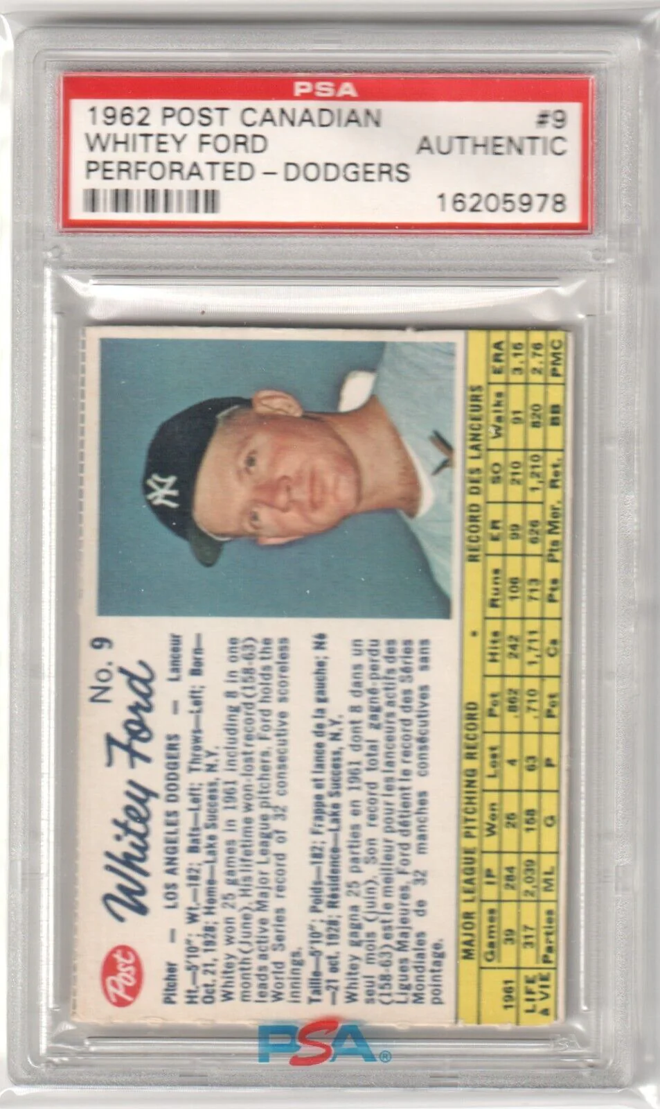 WHITEY FORD 1962 Post Canadian #9 PSA Authentic - YANKEES DODGERS