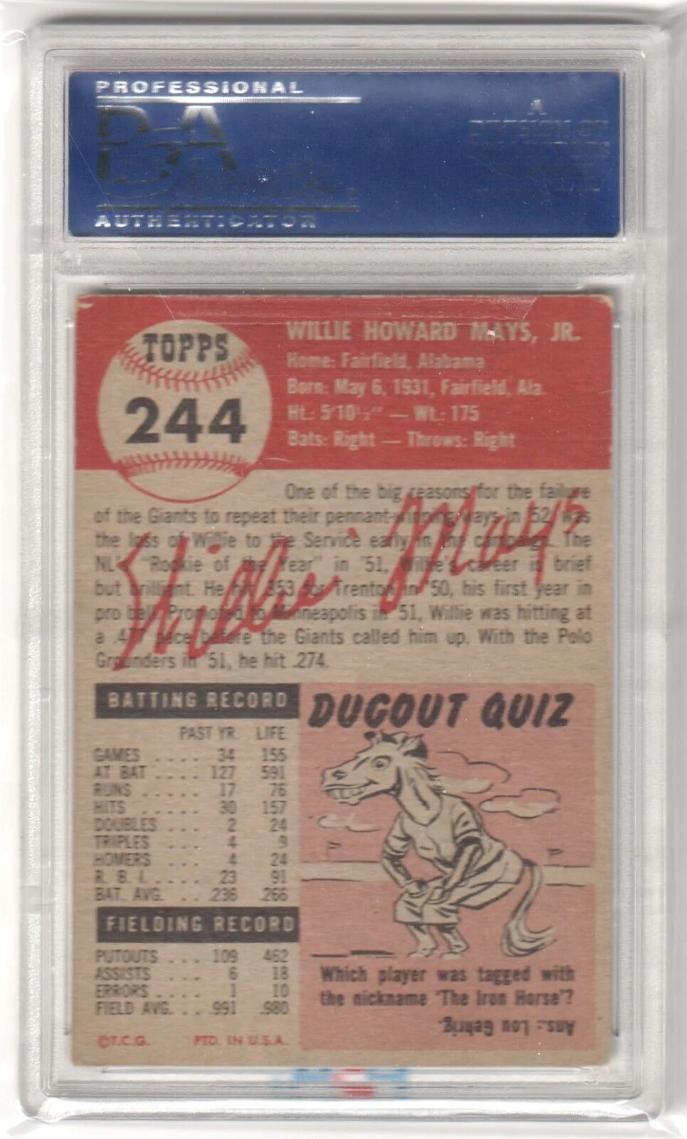 WILLIE MAYS 1953 Topps #244 Graded PSA 4 VG-EX - GIANTS - Image 2