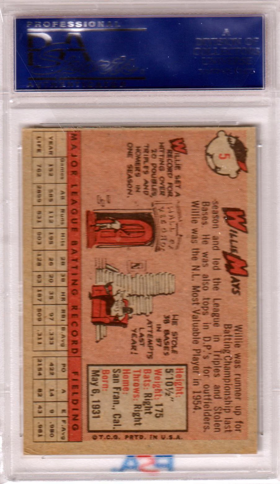 WILLIE MAYS 1958 Topps 5 PSA 6 - San Francisco Giants - Image 2