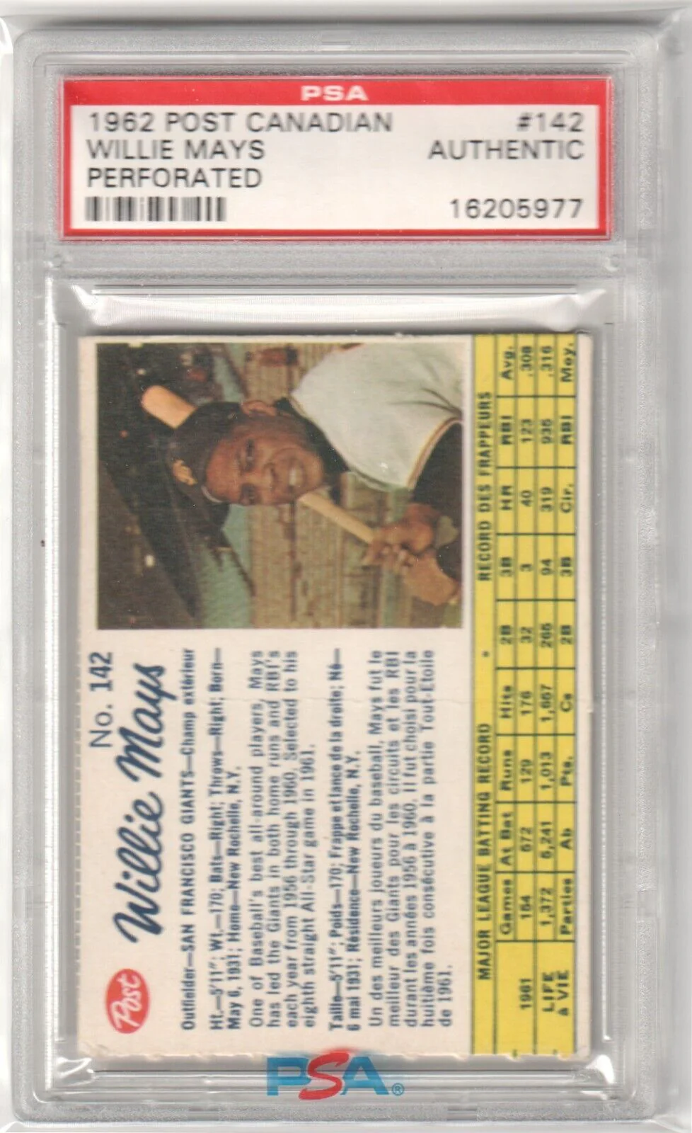 WILLIE MAYS 1962 Post Canadian #142 Graded PSA Authentic - GIANTS
