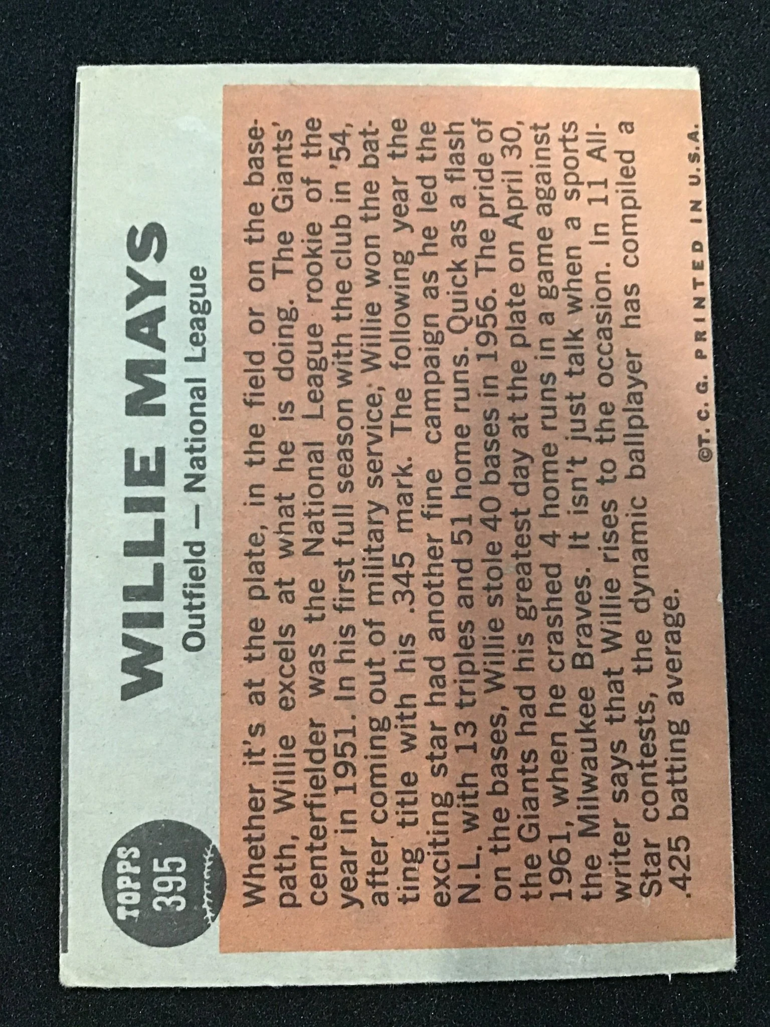 Willie Mays 1962 Topps The Sporting News NL All-Star 395 - San Francisco Giants - Image 2