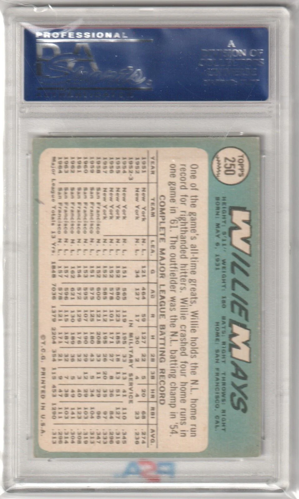 WILLIE MAYS 1965 Topps #250 Graded PSA 6 EX-MT - GIANTS - Image 2
