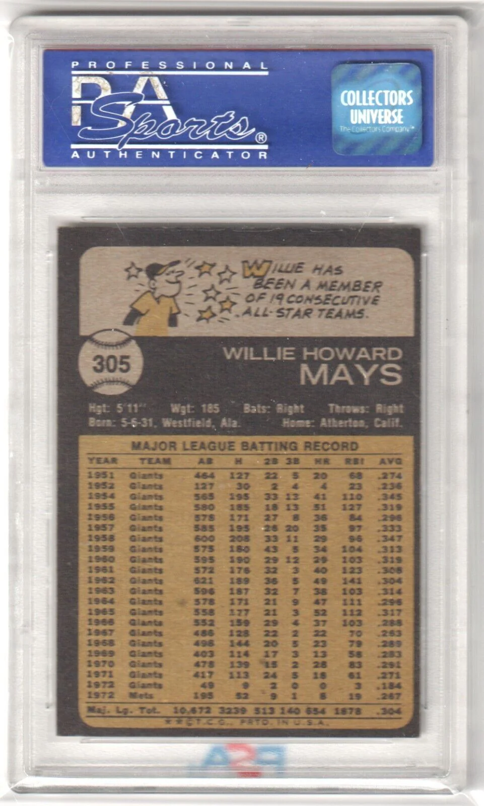 WILLIE MAYS 1973 Topps #305 Graded PSA 8 NM-MT - METS - Image 2