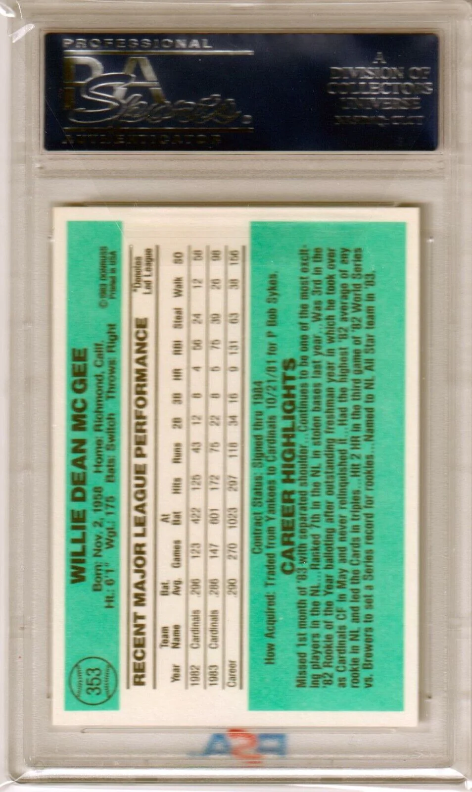 WILLIE McGEE 1984 Donruss #353 PSA 10 GEM MINT - CARDINALS - Image 2