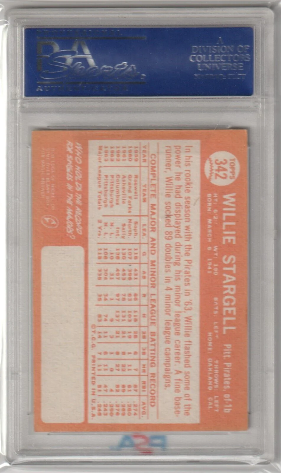 WILLIE STARGELL 1964 Topps #342 PSA 7 NM - PIRATES - Image 2
