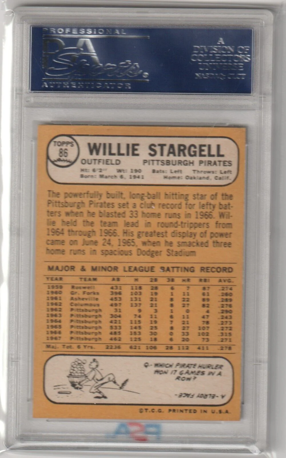 WILLIE STARGELL 1968 Topps #86 PSA 7 NM - PIRATES - Image 2