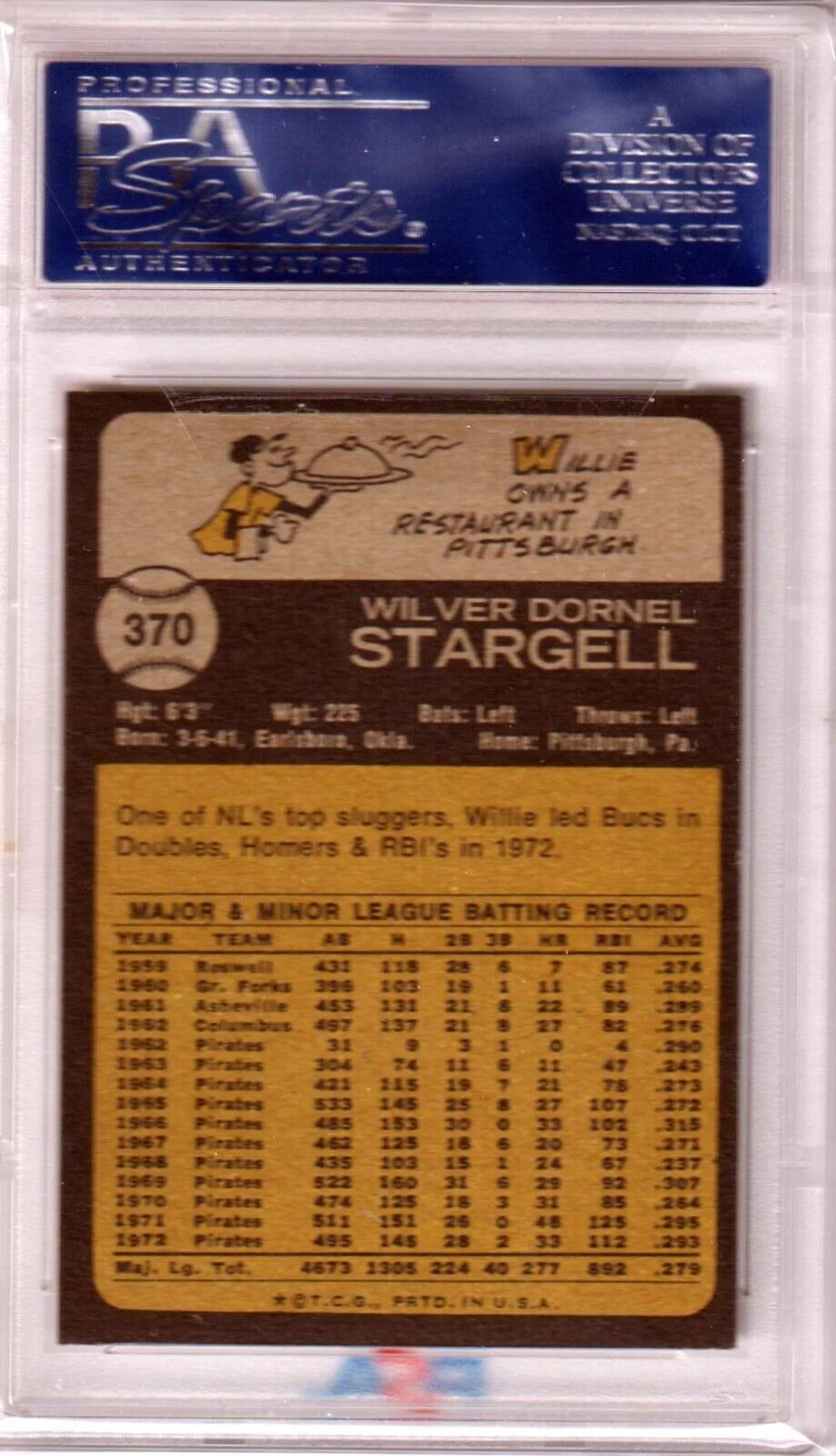 WILLIE STARGELL 1973 Topps #370 PSA 8 NM-MT - PIRATES - Image 2