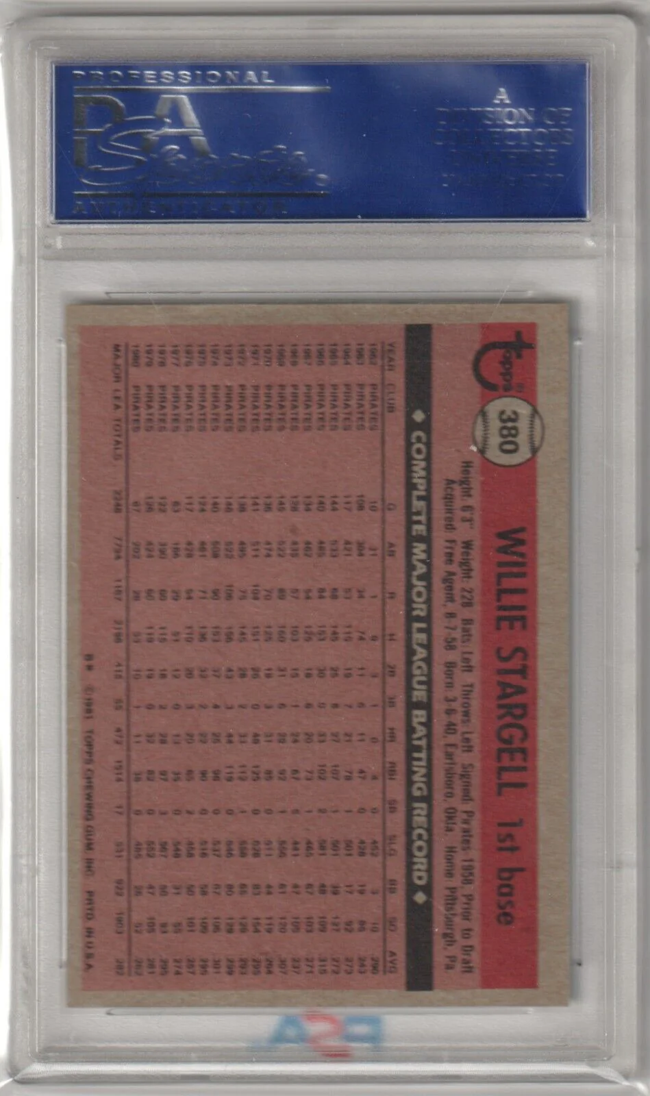 WILLIE STARGELL 1981 Topps #380 PSA 8 NM-MT - PIRATES - Image 2