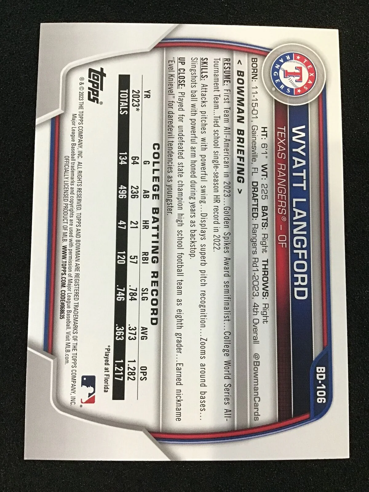 Wyatt Langford 2023 Bowman Draft 1st BD-106 - Texas Rangers - Image 2