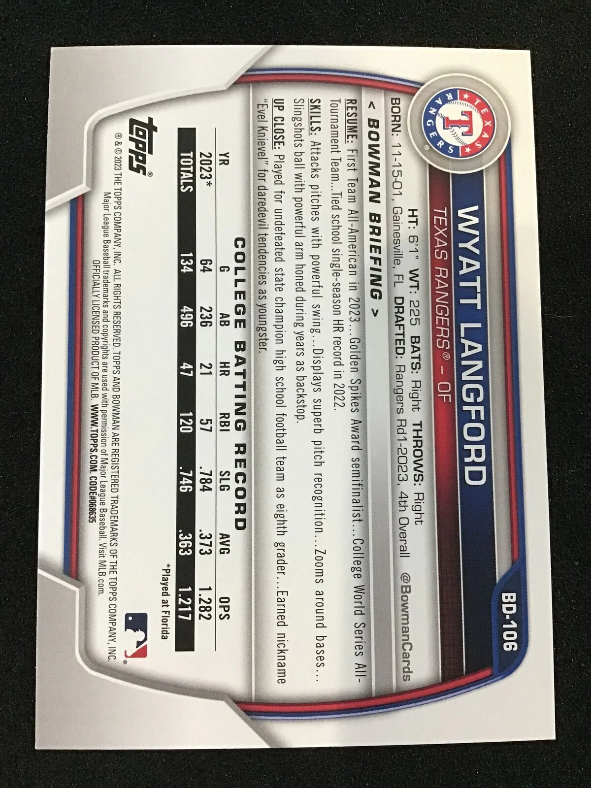 Wyatt Langford 2023 Bowman Draft 1st BD-106 - Texas Rangers - Image 2