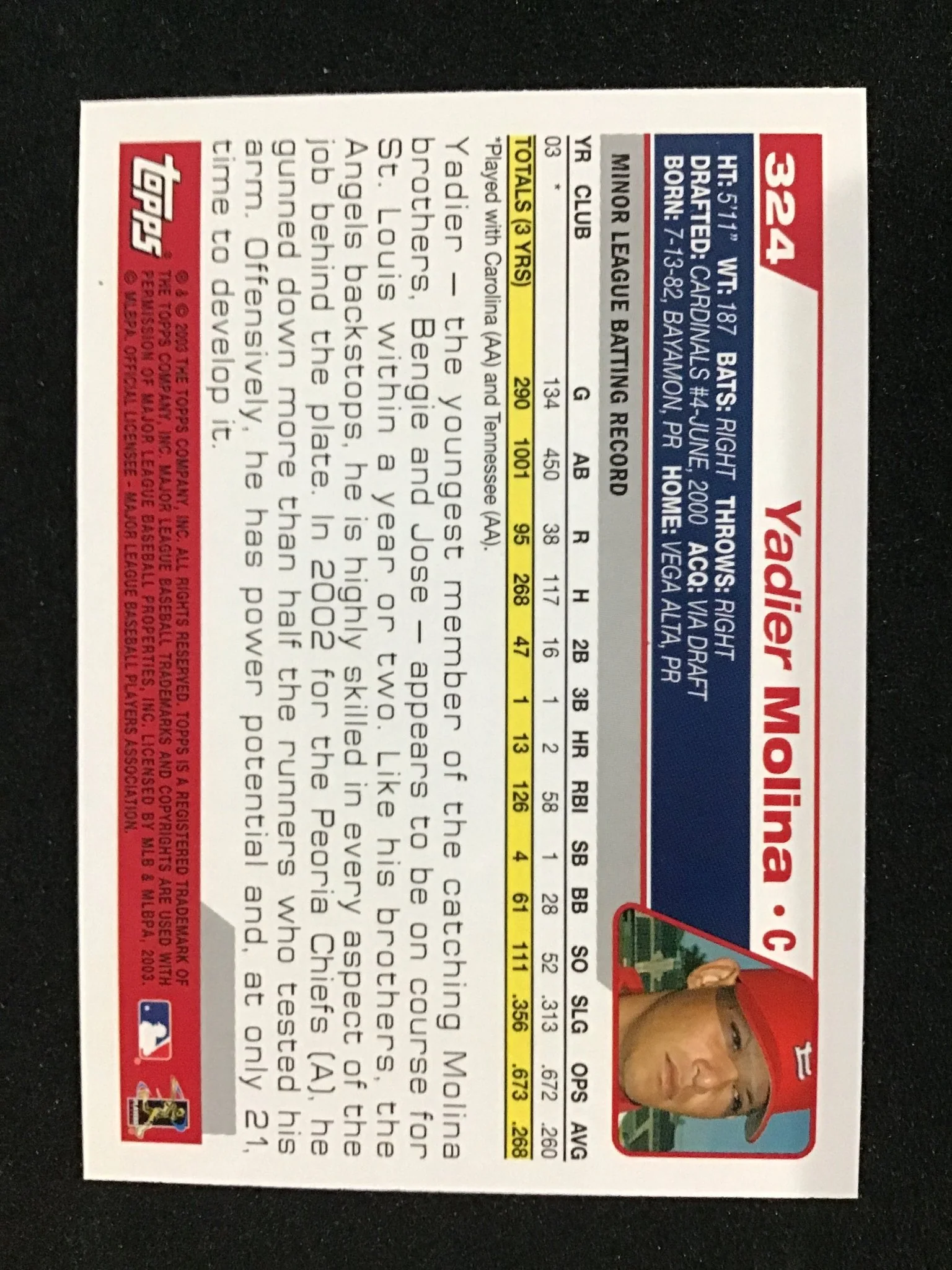 Yadier Molina 2004 Topps 324 RC Rookie - St. Louis Cardinals - Image 2