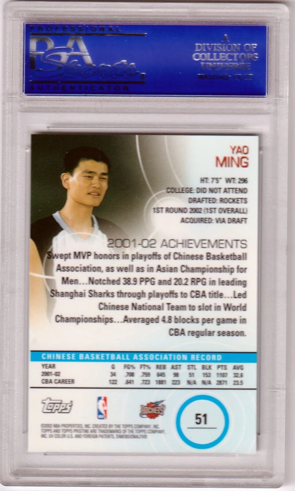 YAO MING 2002-03 Topps Pristine RC Rookie #51 PSA 10 GEM MINT - ROCKETS - Image 2