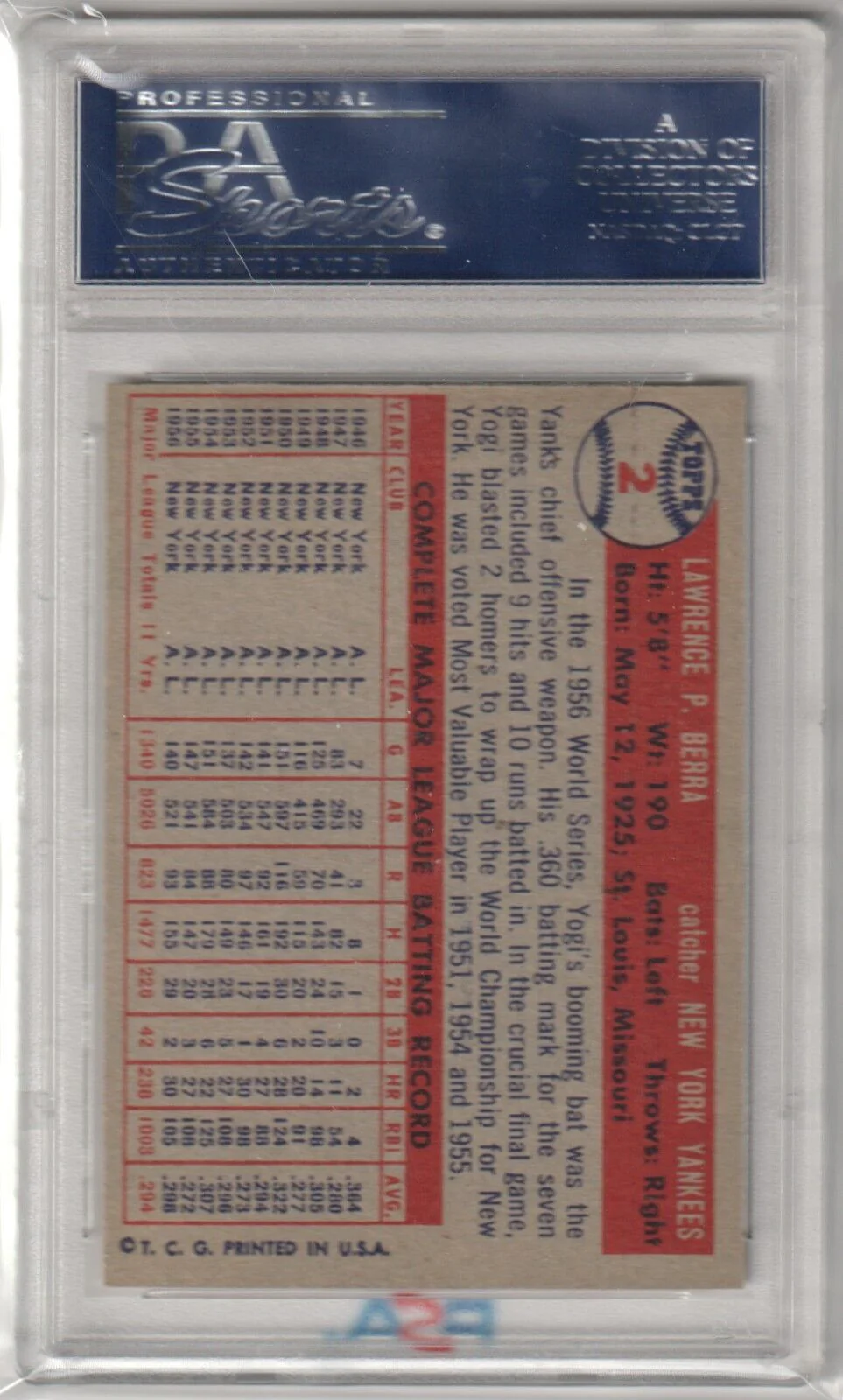 YOGI BERRA 1957 Topps #2 PSA 5 EX - YANKEES - Image 2