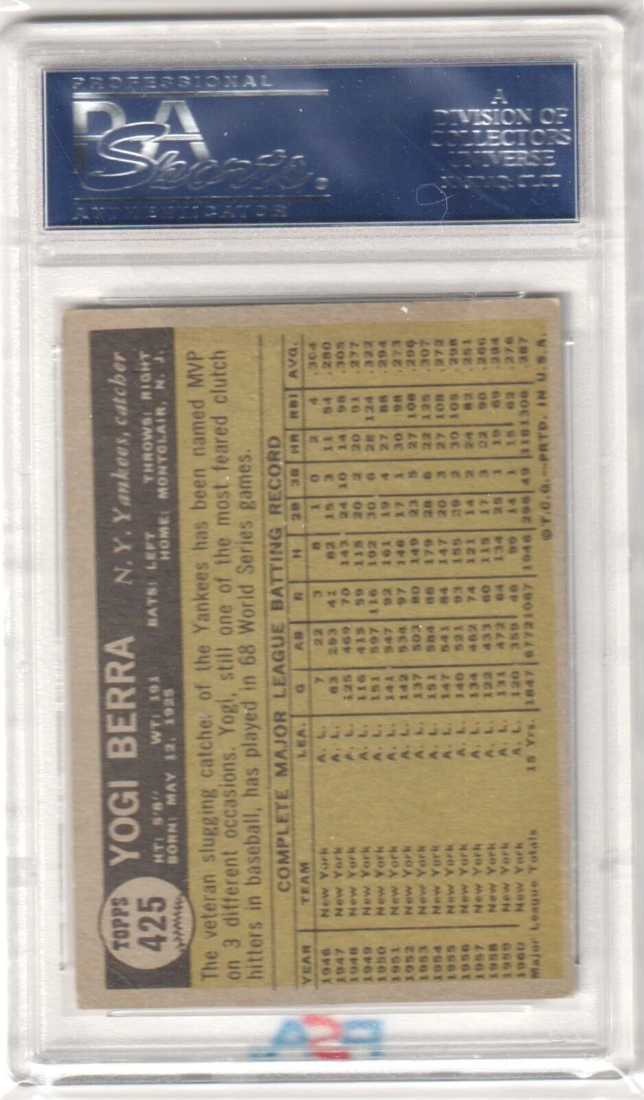 YOGI BERRA 1961 Topps #425 PSA 5 EX - YANKEES - Image 2